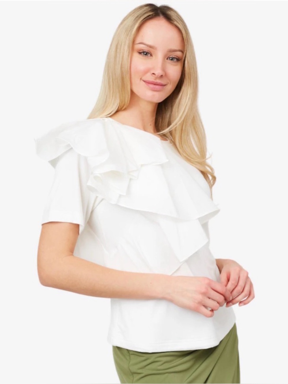 NEW Badgley Mischka White Ruffle Short-Sleeve Top (L)
